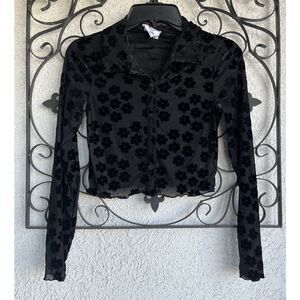 Princess Polly Long Sleeve Semi Sheer Floral Cropped Blouse - Size 4 - Black